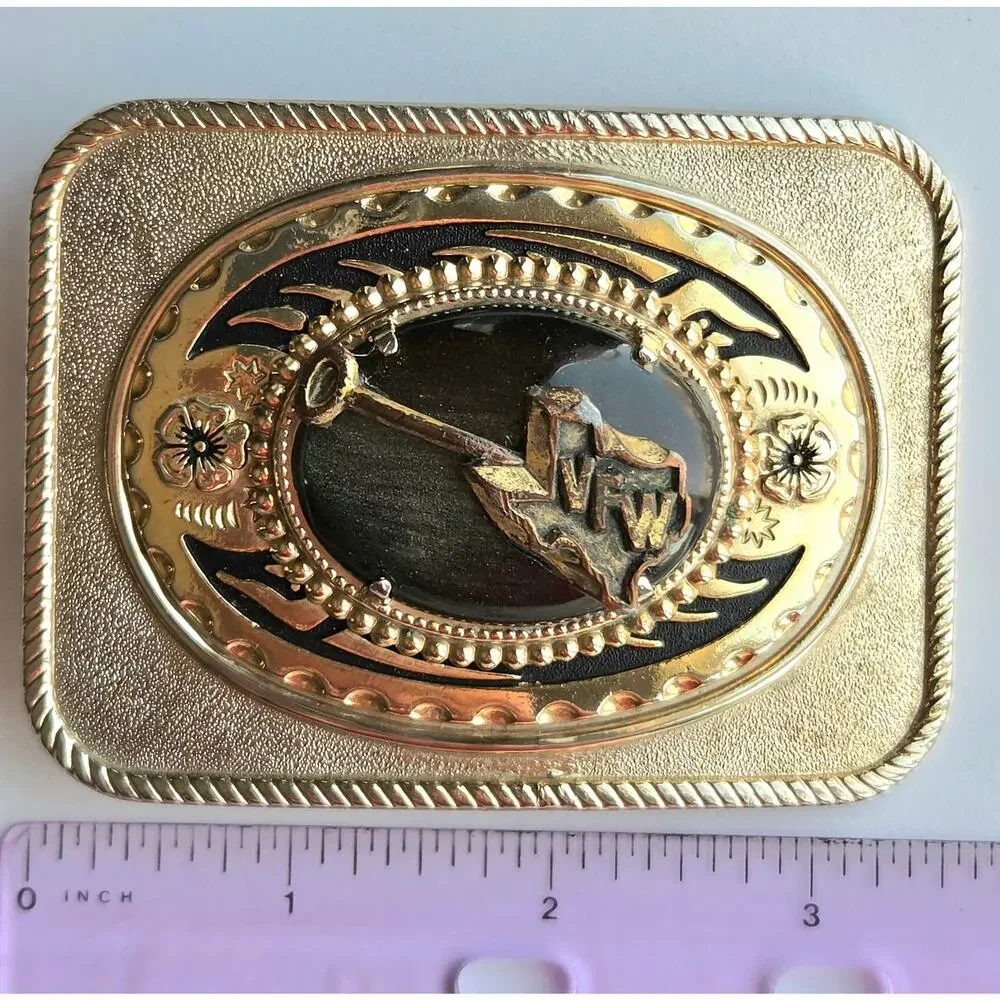 VFW Texas Belt Buckle Brass Gold Tone Veterans of Foreign Wars
